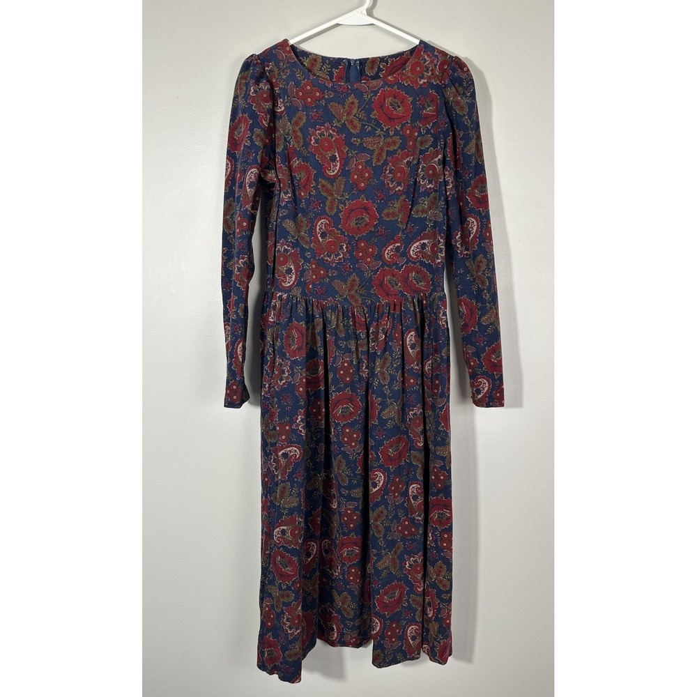 Vintage Laura Ashley Dress Womens 10 Blue Floral Paisley Corduroy 80s Modest